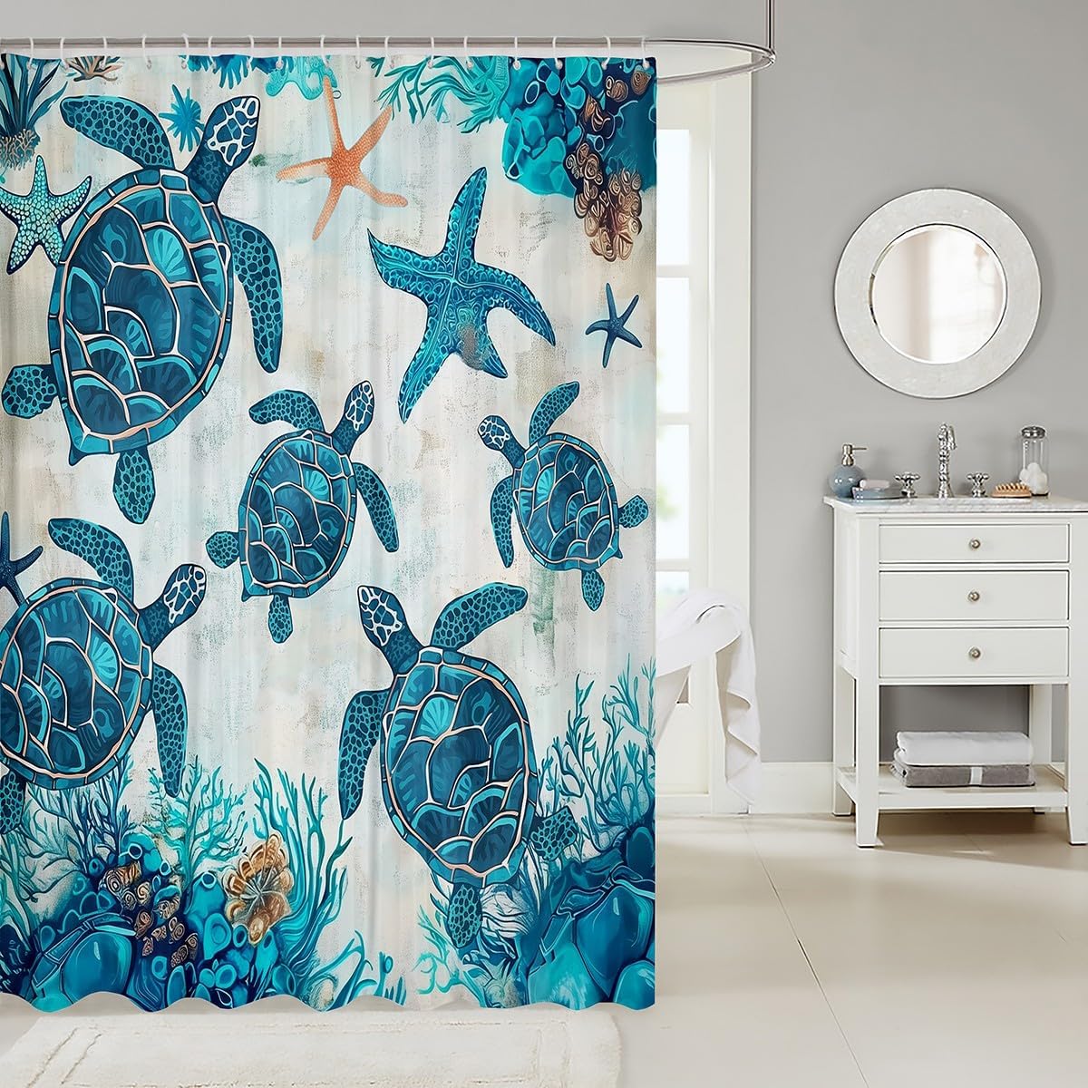 Kids Turtle Fabric Shower Curtain with 17 Hooks