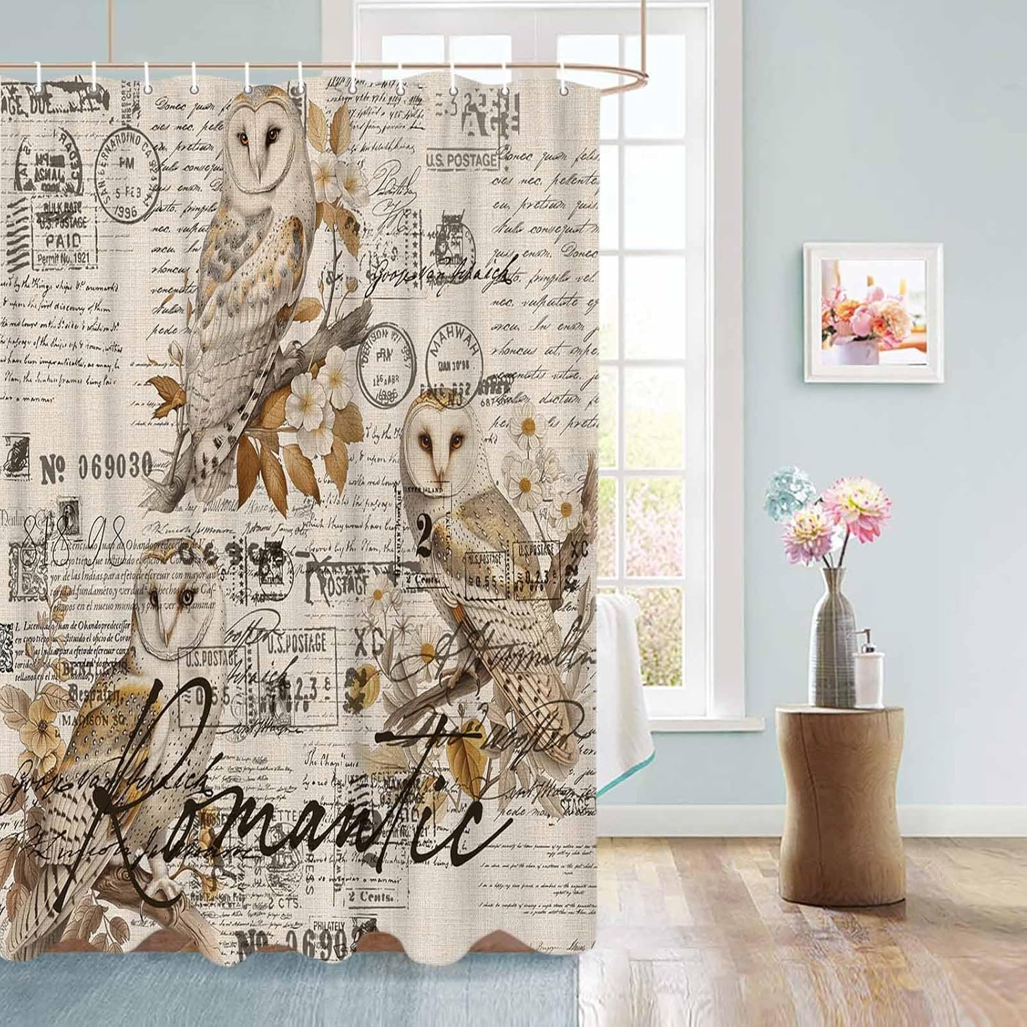 72 Inches Retro Bird Owl Flower Shower Curtain Set with 12 Hooks