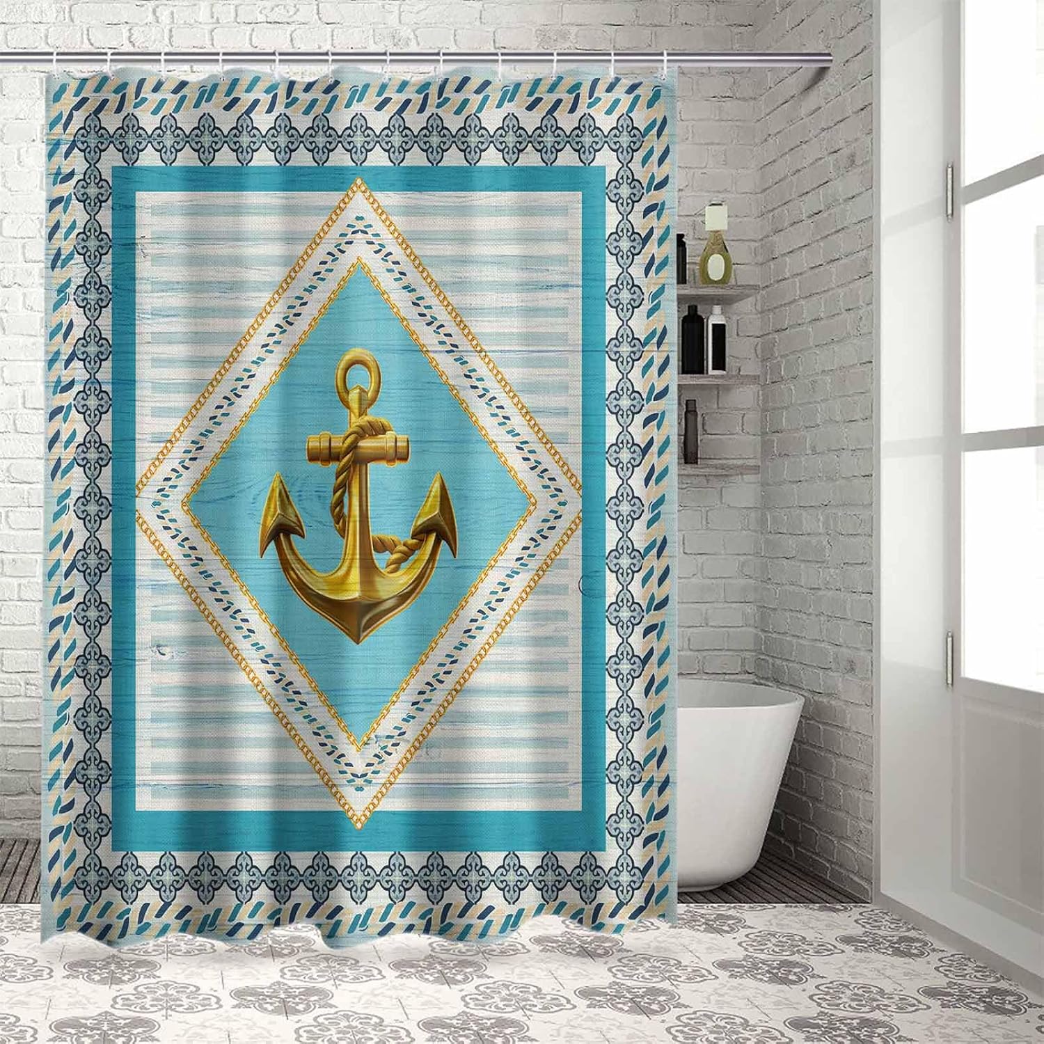 Funnywall88 72 Inches Retro Anchor Flower Shower Curtain Set with 12 Hooks