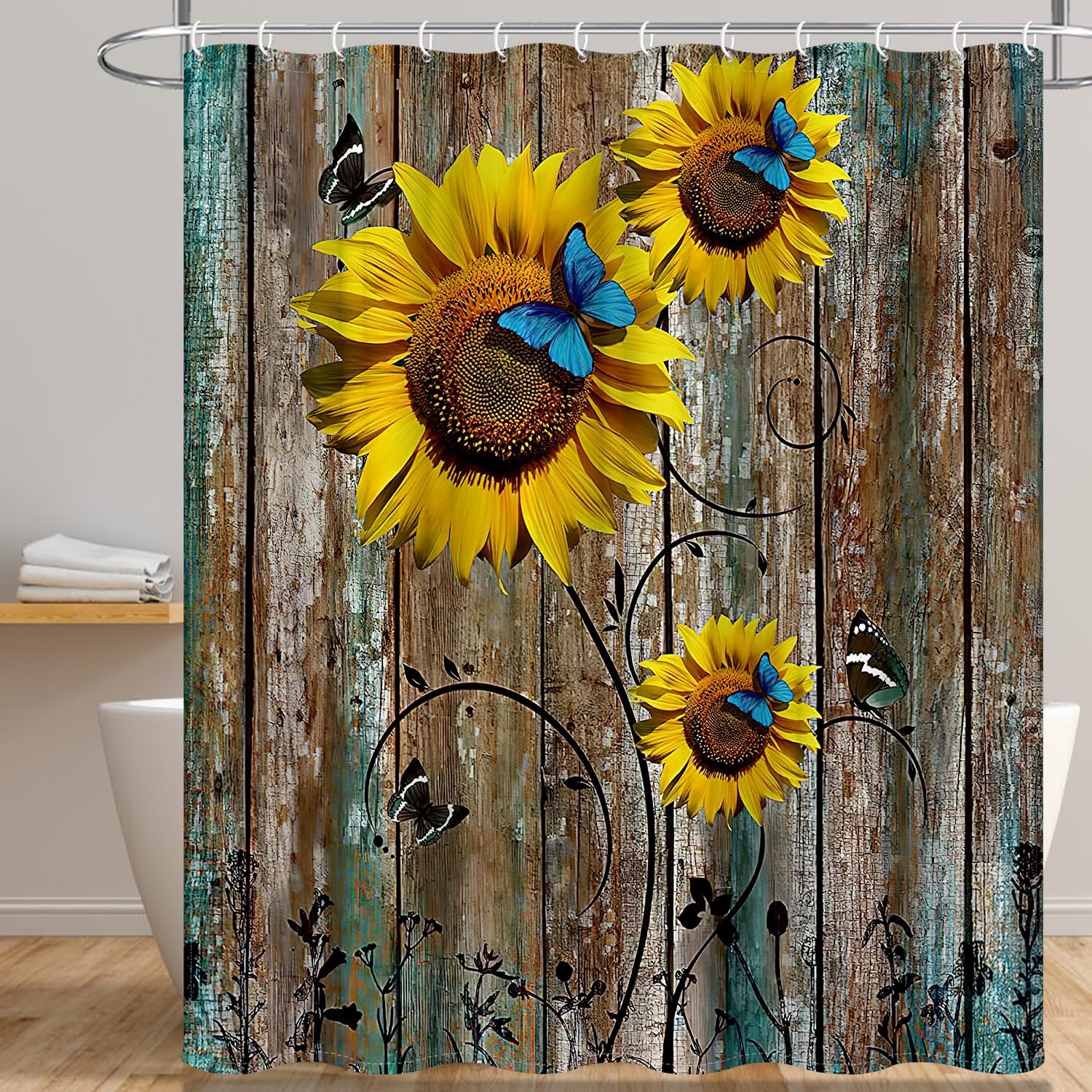 BESBESME Boho Shower Curtain Set with Flower Pattern and Weighted Hem