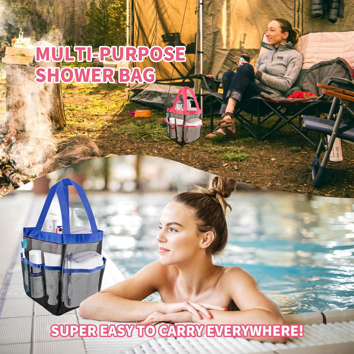 3 Pack Mesh Shower Caddy Bag with 8 Pockets