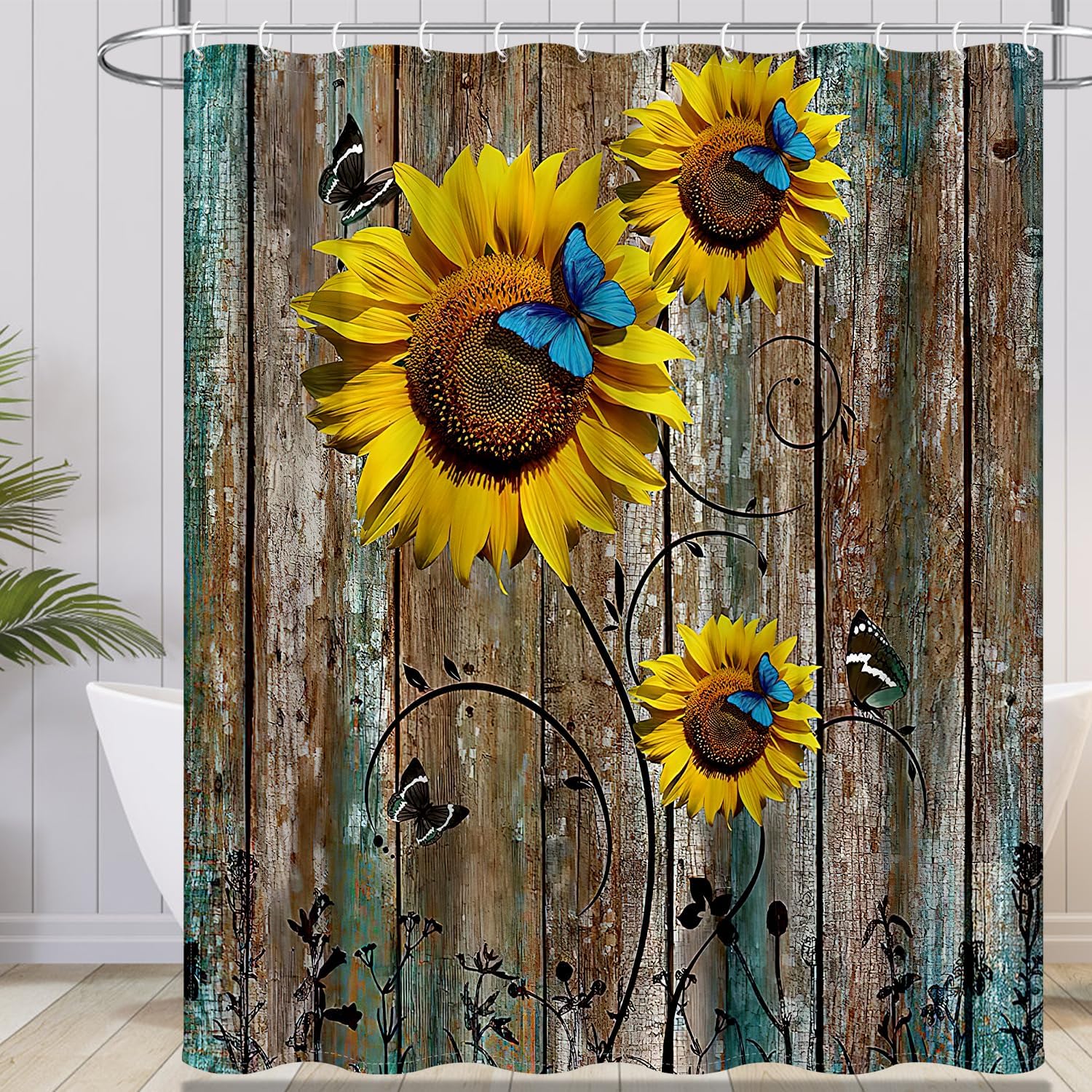 BESBESME Boho Shower Curtain Set with Flower Pattern and Weighted Hem